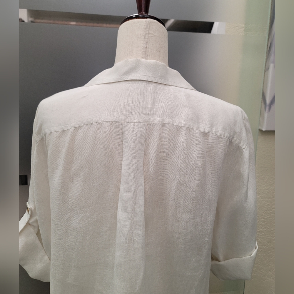 Ellen Tracy 100% White Linen Zip-Front Rolled-Sleeve Tunic Blouse size L - Picture 7 of 12